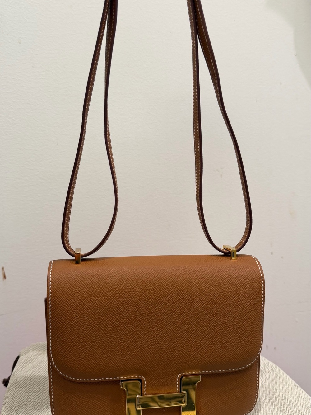 Tan Leather Crossbody Bag with Gold Hardware